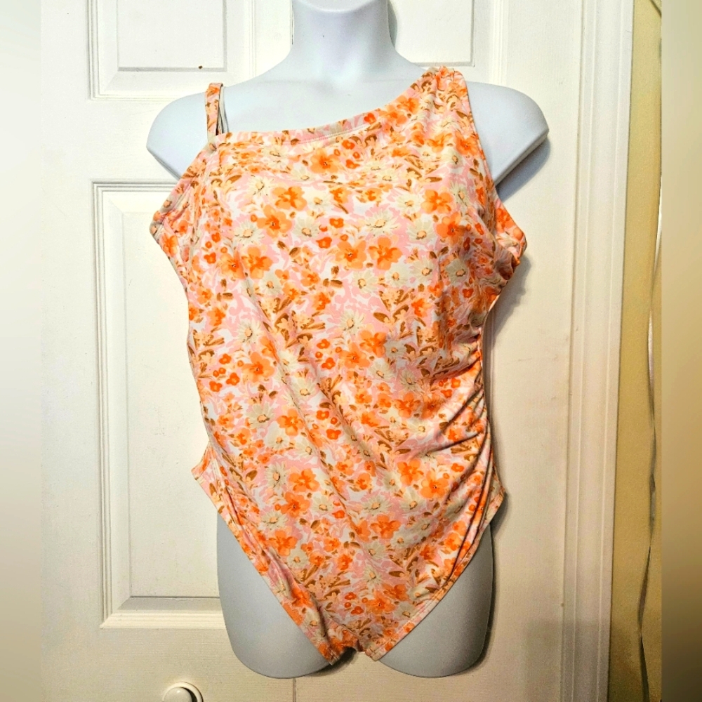 #419 Kona Sol- Orange/White Floral One-Shoulder Swimsuit,Sz 22W